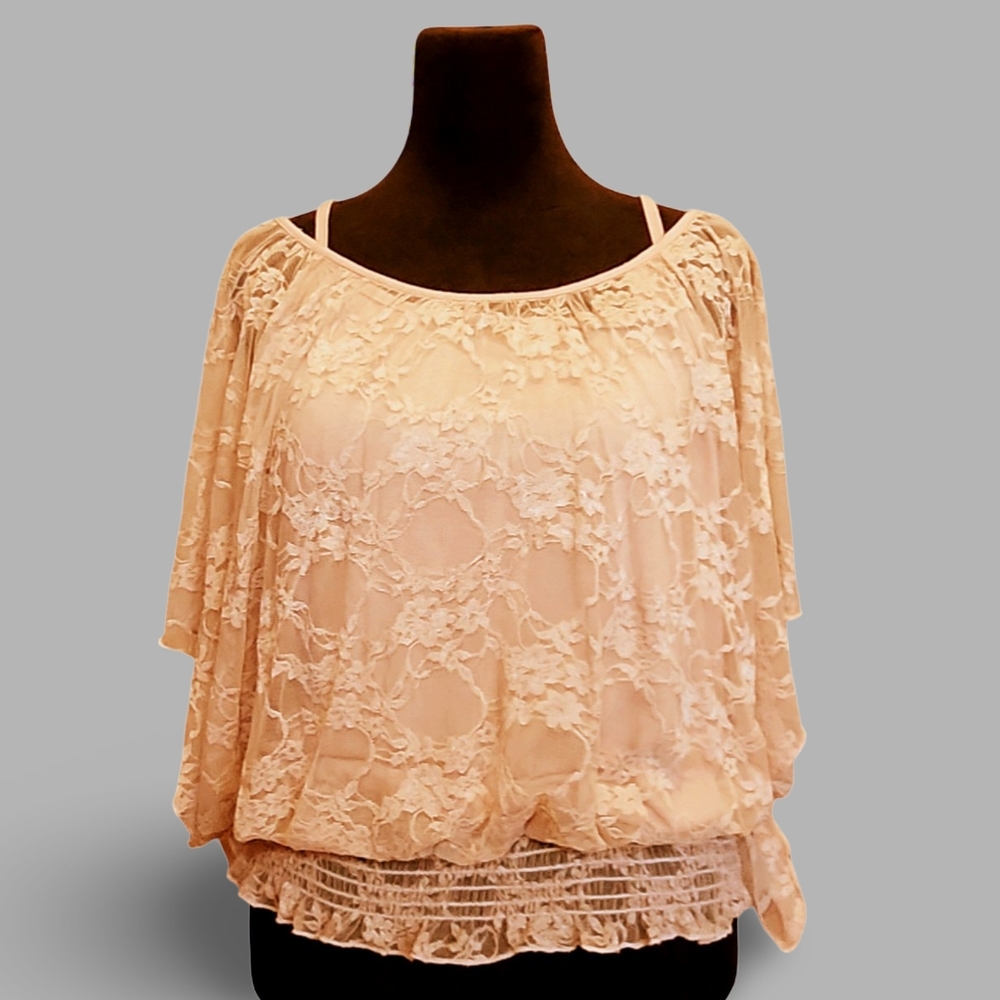 True Vintage 80s Lace Floral Sheer Bubble Blouse 3/4 Flared Sleeve What a Find!